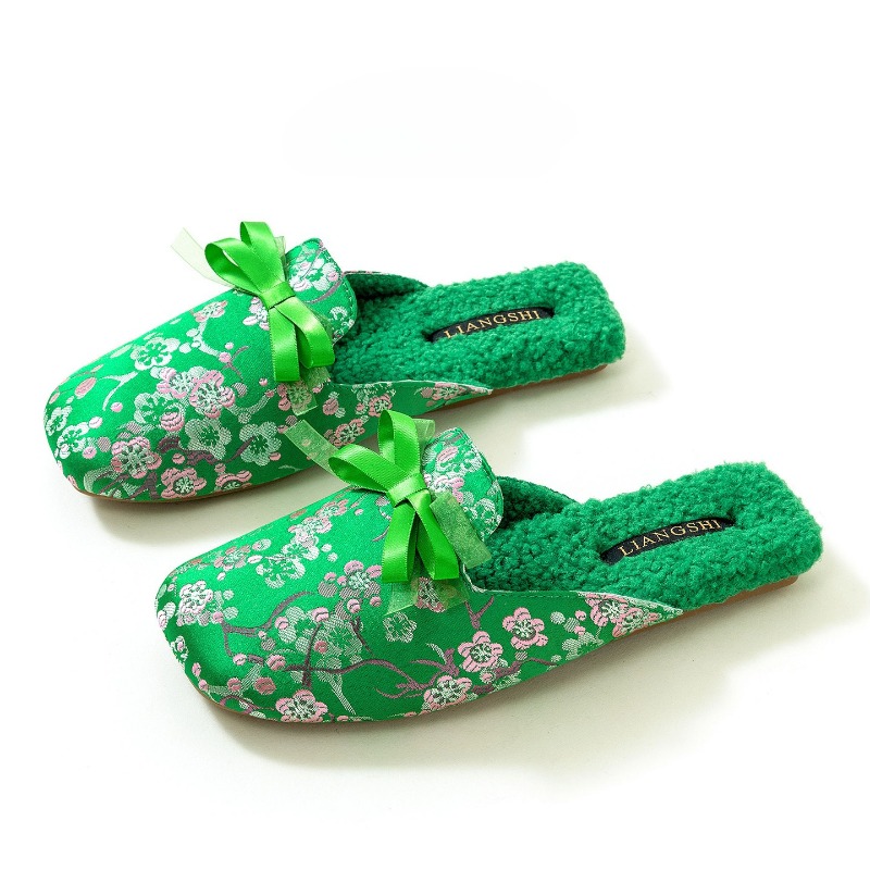 Women Shoes For Winter - Elegante satijnen geborduurde bloemenhuisslippers Dames Zoete