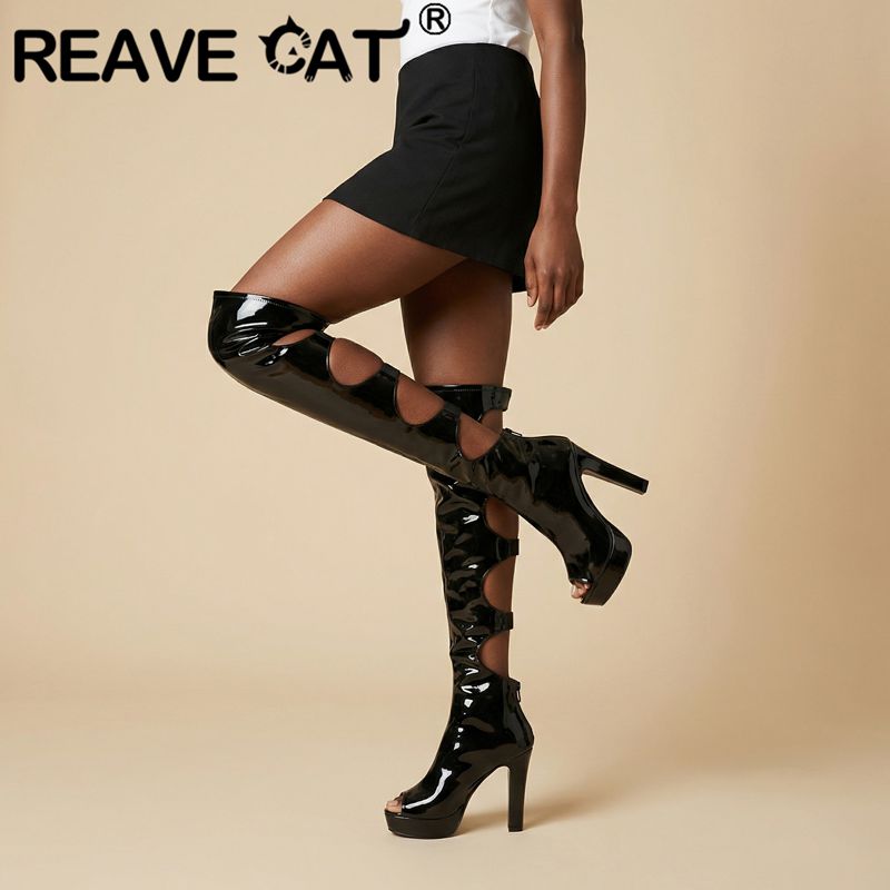 Women Shoes Zipper - REAVE CAT Rode Overknee Sandalen Peeptoe